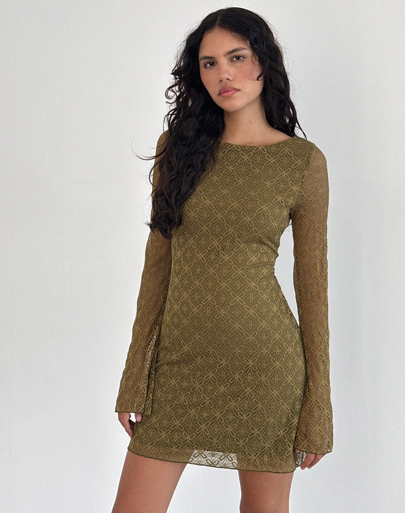 Sevila Mini Dress met lange mouwen in Textured Moss Green