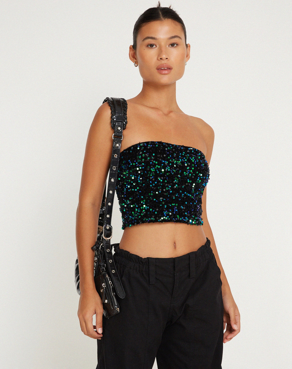 Shae Bandeau Top in Mini Pailletten Groen Iridescent