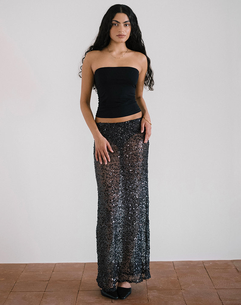 Vanessa Maxi Rok in Pailletten Mesh Zwart