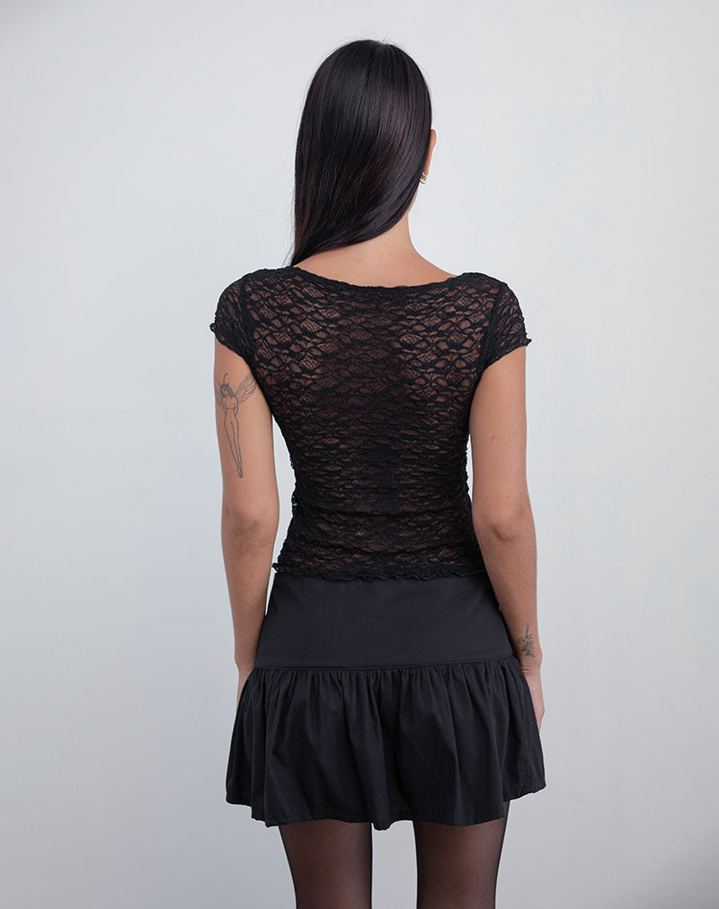 Afbeelding van Sherine kanten top in zwart met roze lint