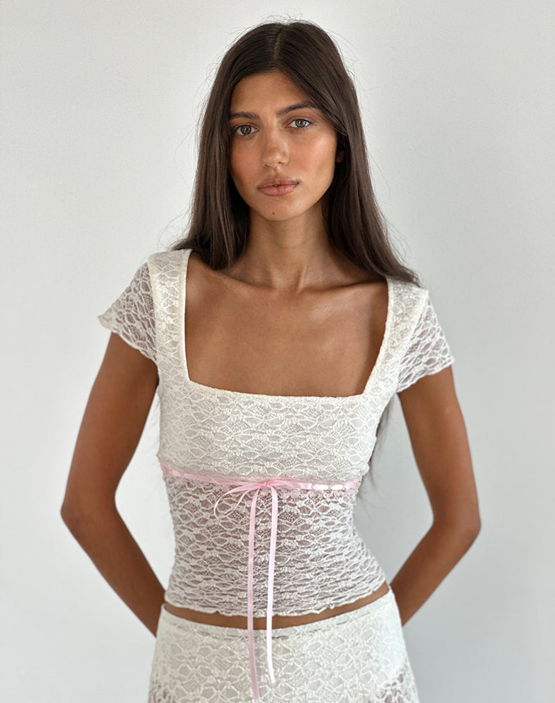 Afbeelding van Sherine kanten top in crème met roze bies