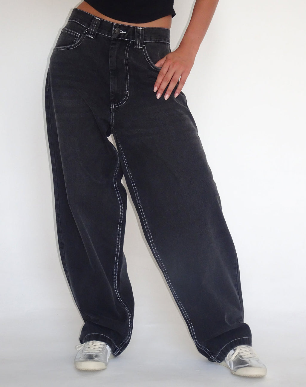 Skater Lage Rijp Jean in Vintage Zwart met Witte Bovensteek
