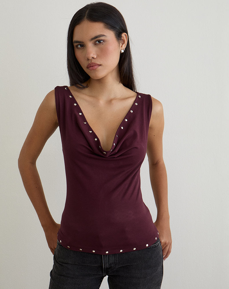 Slater Top met studs in Rayon Jersey Donker pruim