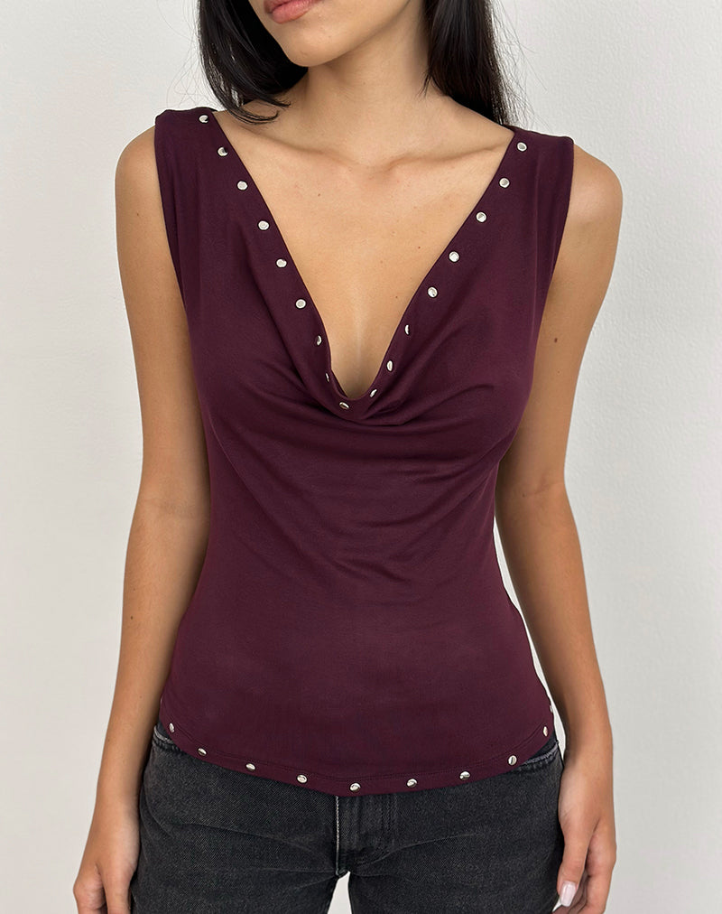 Slater Top met studs in Rayon Jersey Donker pruim
