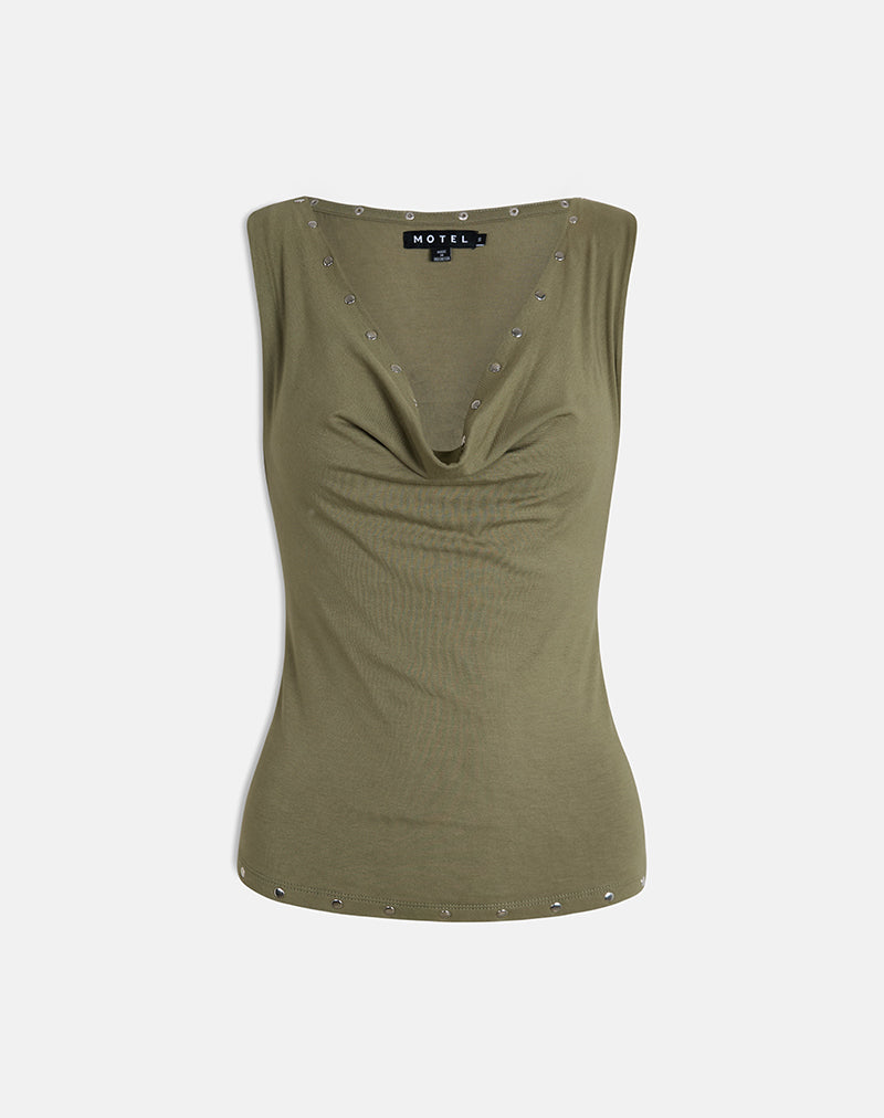 Slater Top met studs in Rayon Jersey Khaki