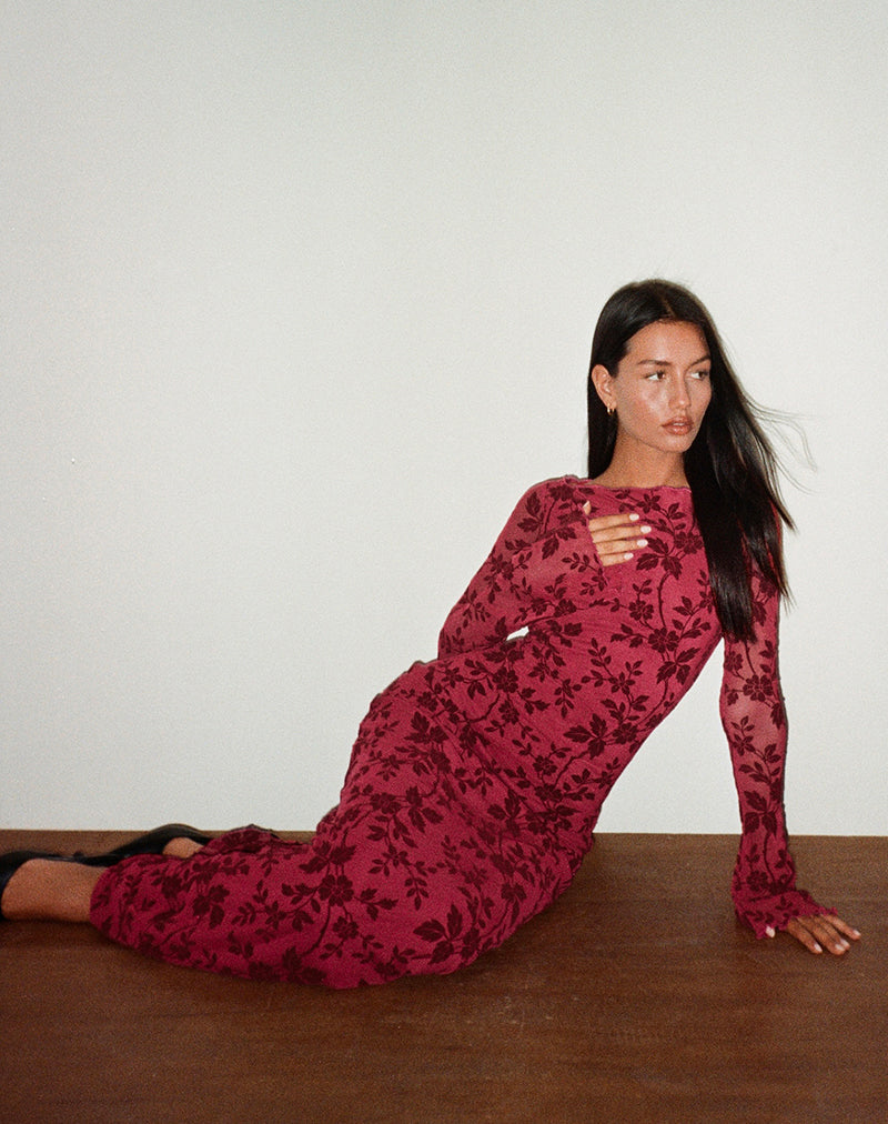 Afbeelding van Slokya Lange Mouw Maxi Dress in Vine Floral Flock Cherry