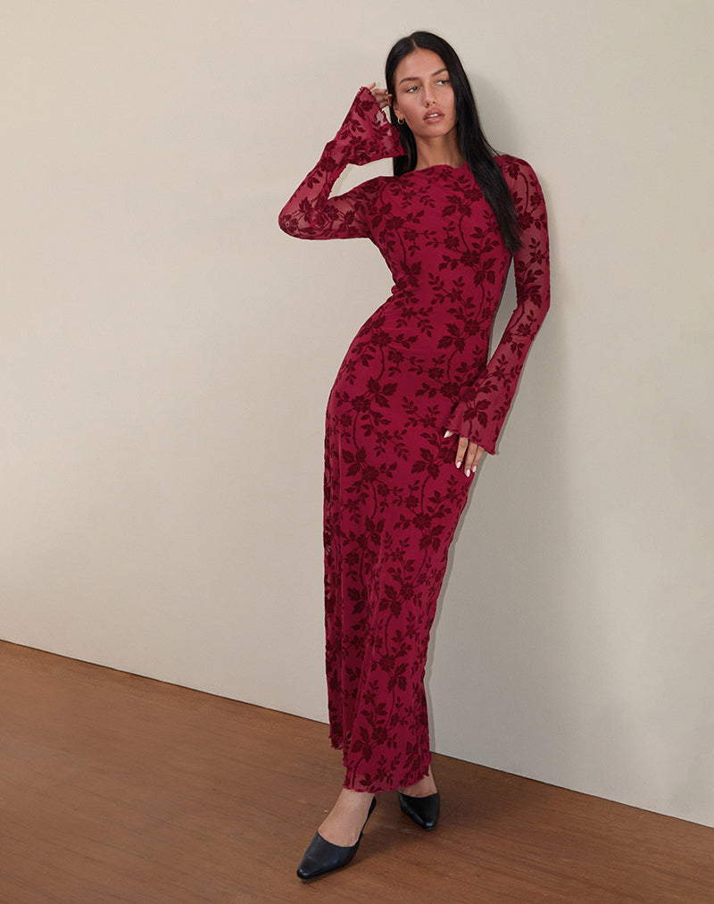 Afbeelding van Slokya Lange Mouw Maxi Dress in Vine Floral Flock Cherry