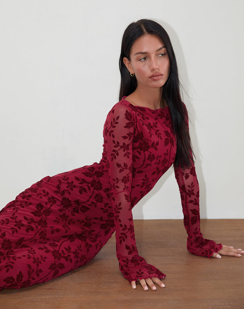 Afbeelding van Slokya Lange Mouw Maxi Dress in Vine Floral Flock Cherry