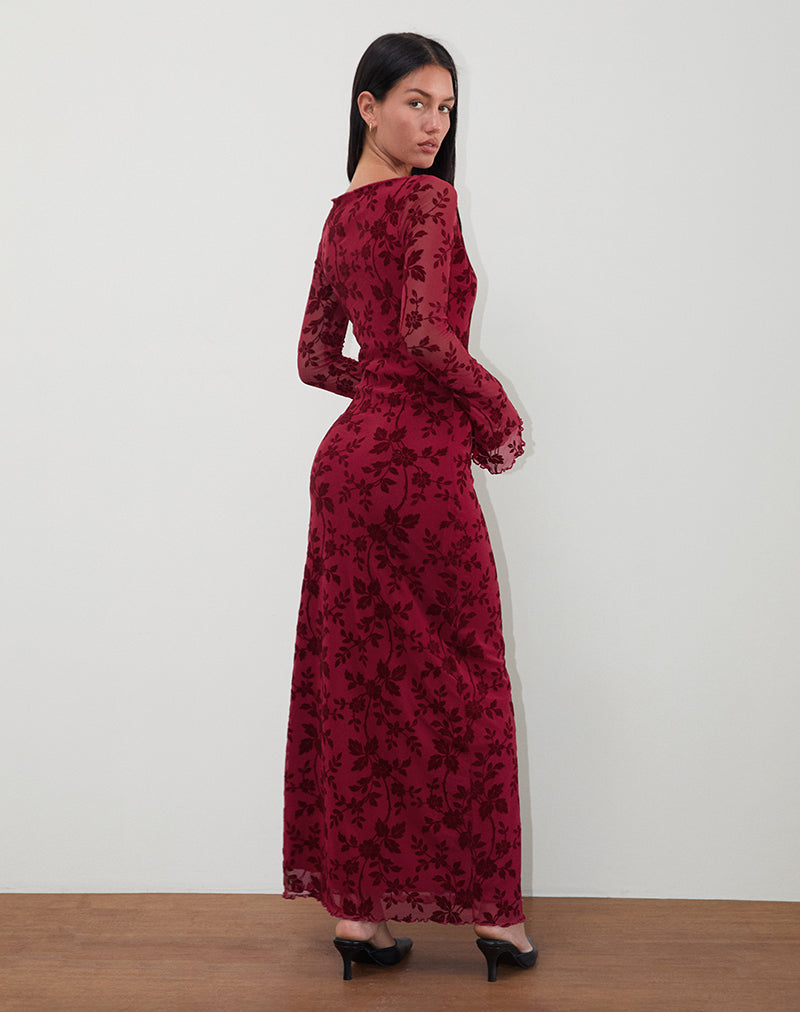 Afbeelding van Slokya Lange Mouw Maxi Dress in Vine Floral Flock Cherry
