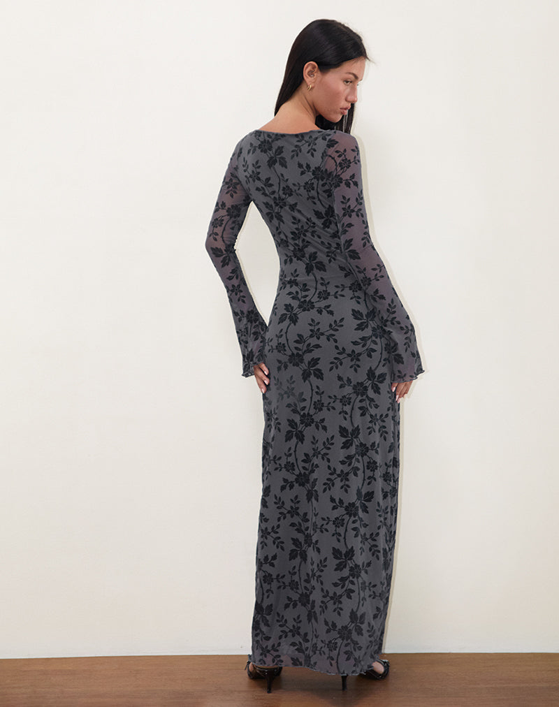 Afbeelding van Slokya Long Sleeve Maxi Dress in Vine Floral Flock Ocean Storm