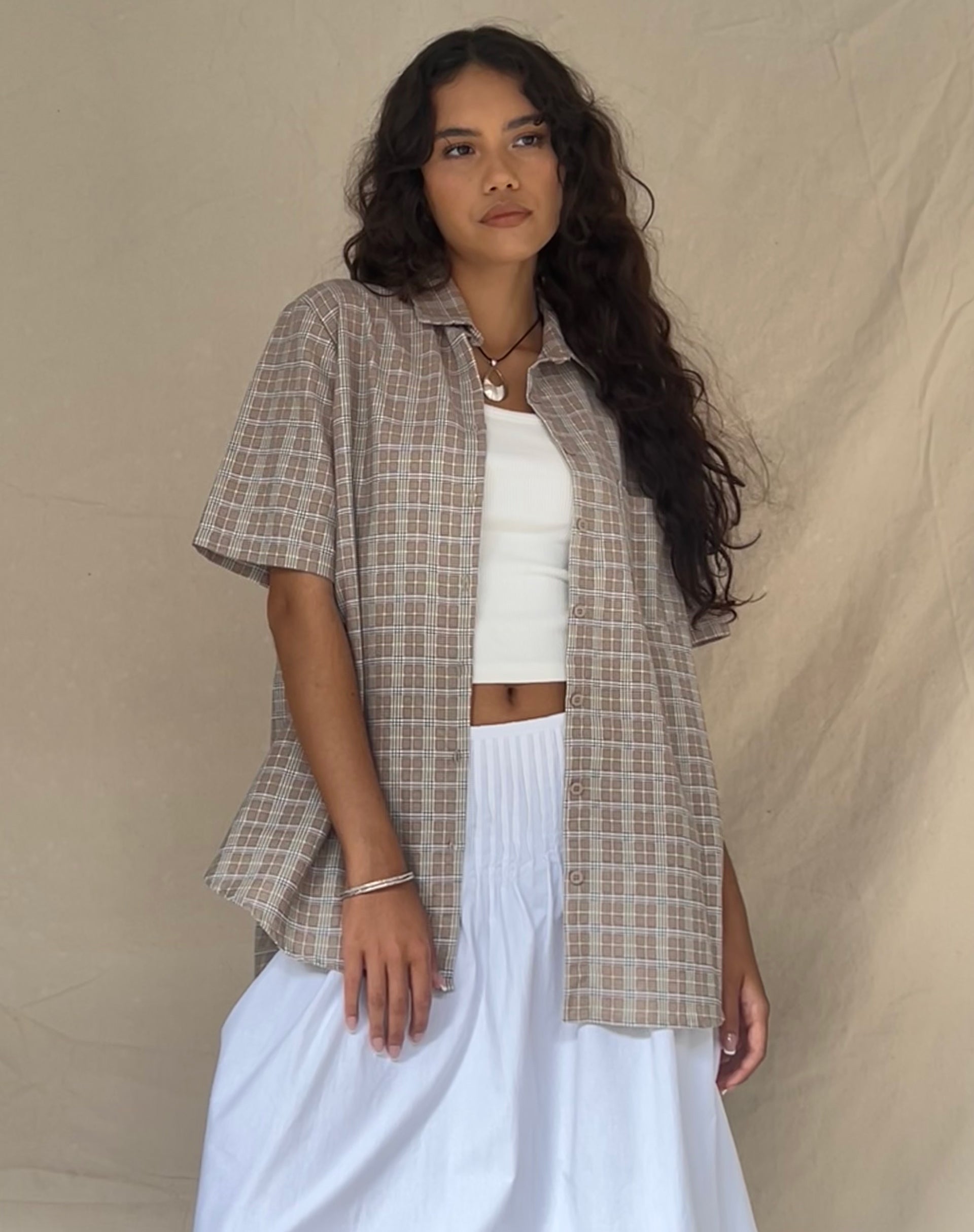 Afbeelding van Smith Shirt met Korte Mouw in Taupe Check