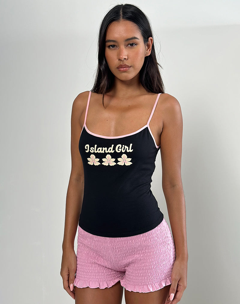 Solani Cami Top in zwart met babyroze bies en eilandmeisjesprint