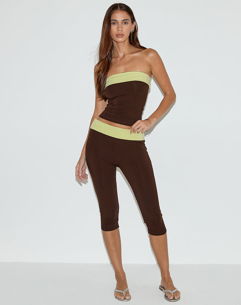 Afbeelding van Vivah Fold-over Capri in Chocoladebruin met Pistachebinding