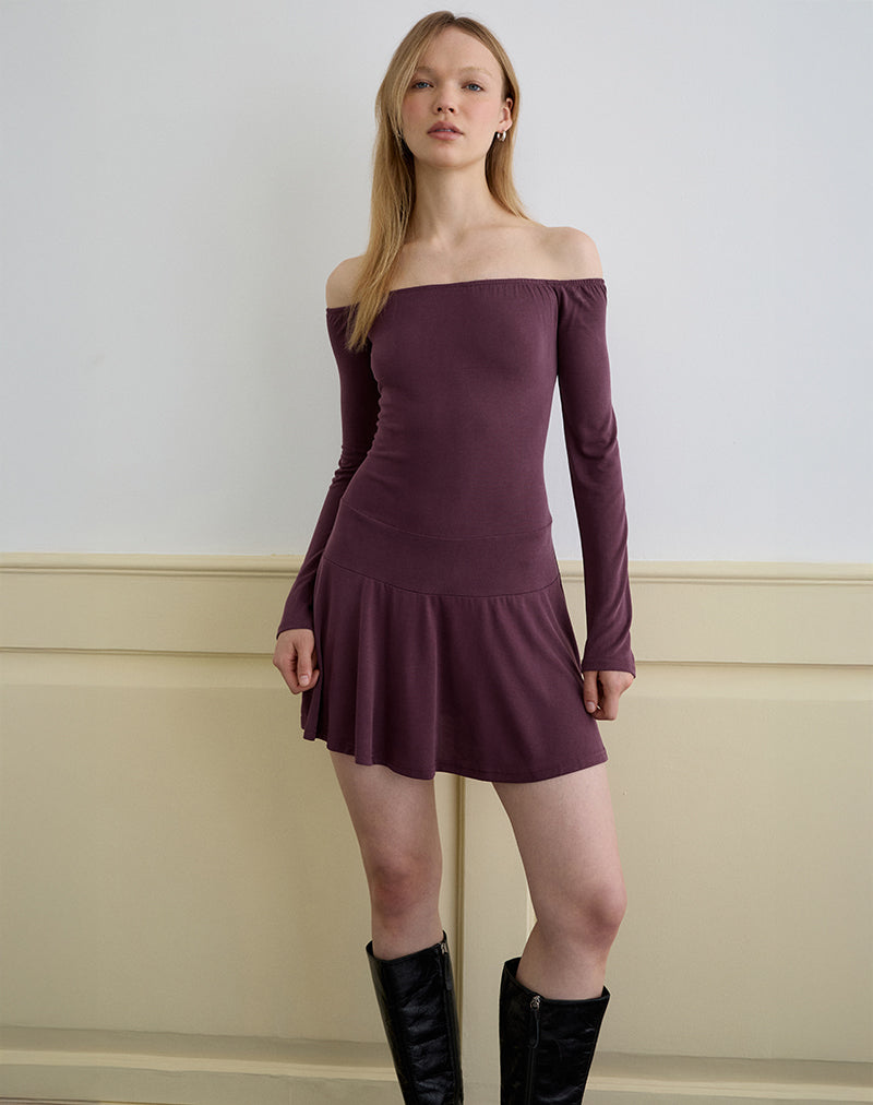 Afbeelding van Somiah Bardot Mini Jurk in Cupro Dieppaars