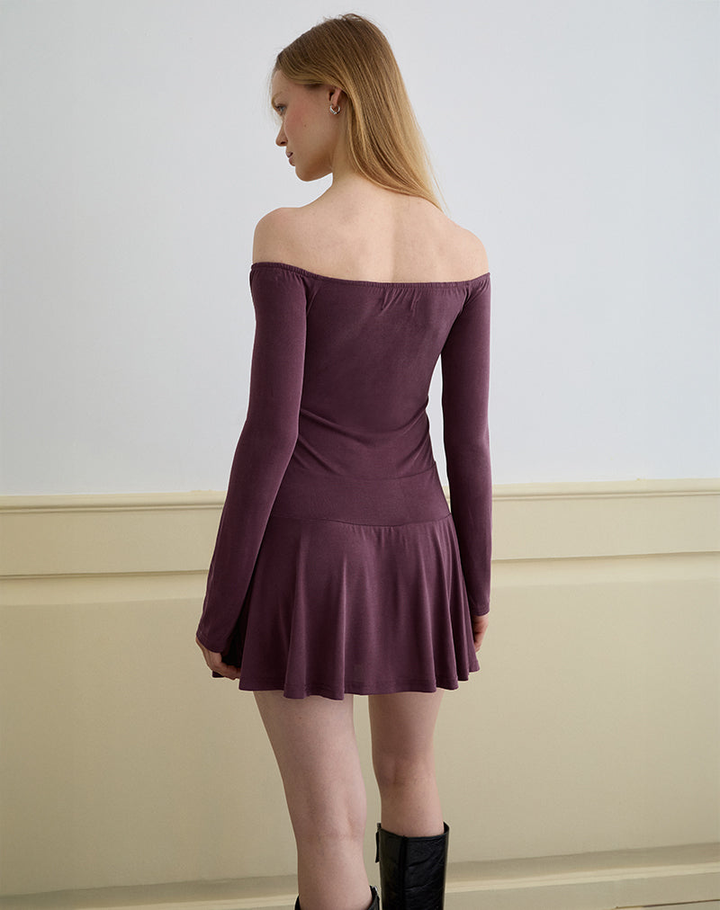 Afbeelding van Somiah Bardot Mini Jurk in Cupro Dieppaars