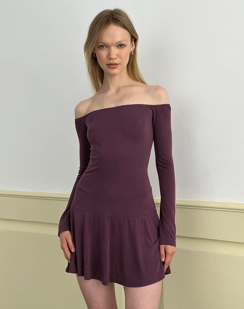 Somiah Bardot Mini Jurk in Cupro Dieppaars
