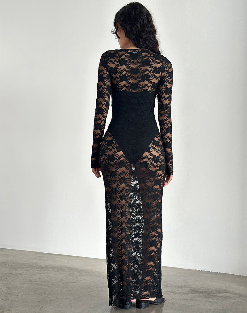Sophie Ongevoerde Maxi Dress in Zwart Jasmijn Kant