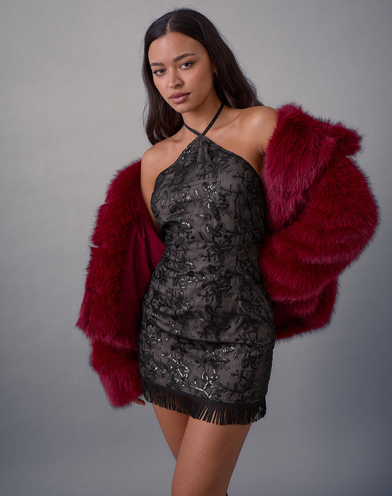 Soren Mini Dress in Floral Chiffon Sequin Zwart