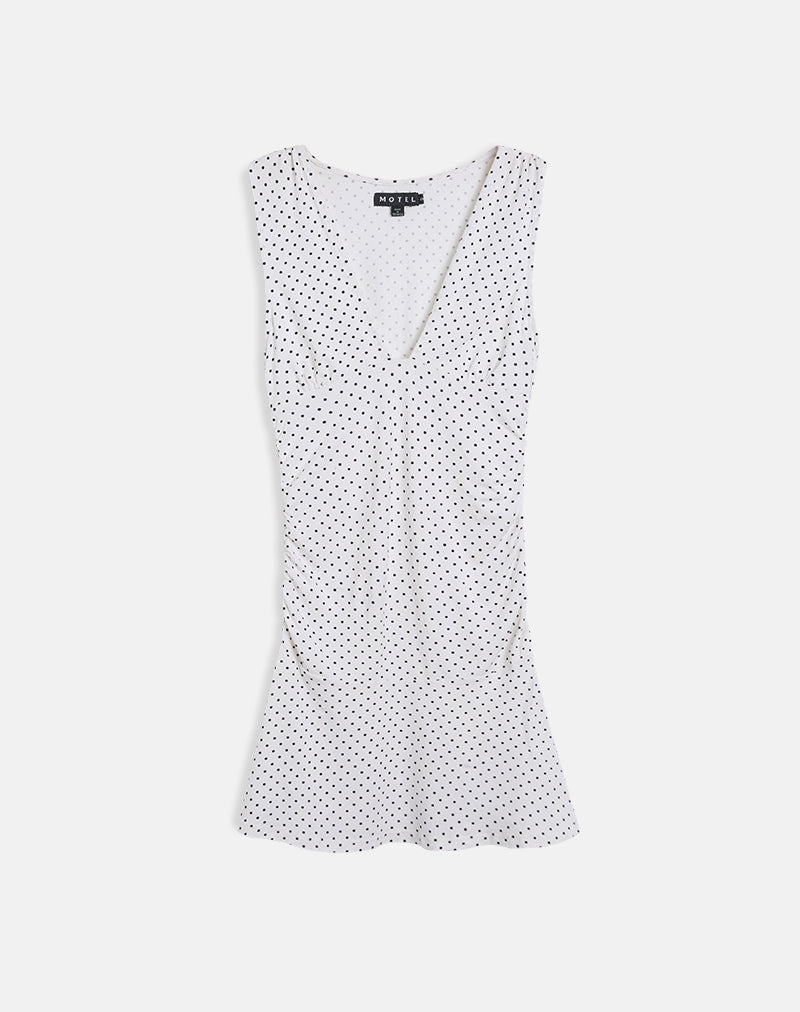 Afbeelding van Luscian Plunge Mini Jurk in Wit met Micro Polka Zwart