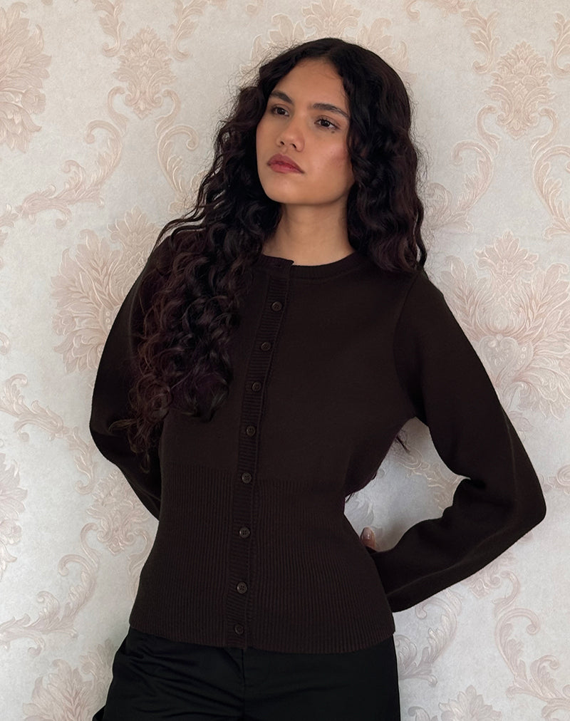 Afbeelding van Subra Lange Mouw Geribde Hemd Cardi in Bittere Chocolade