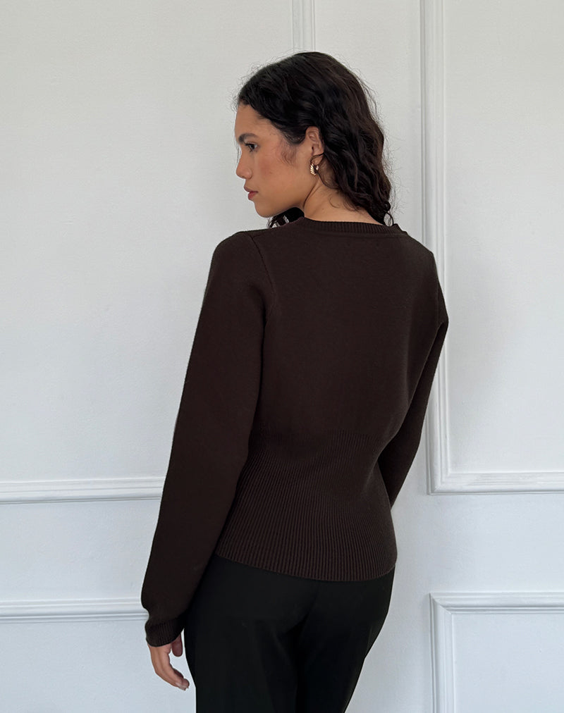 Afbeelding van Subra Lange Mouw Geribde Hemd Cardi in Bittere Chocolade