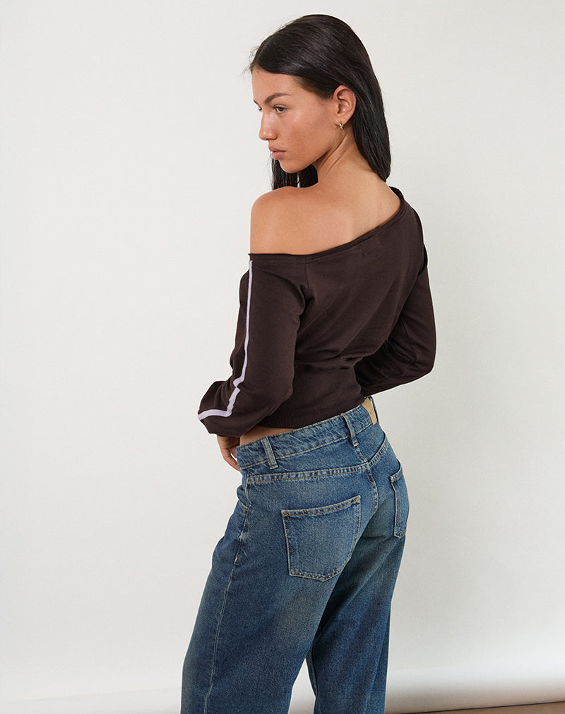 Afbeelding van Sujana Asymmetrisch Sweatshirt in Bittere Chocolade met Violette Binding