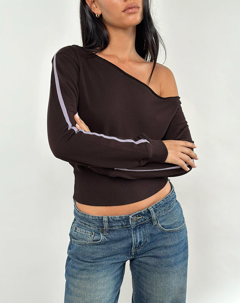 Afbeelding van Sujana Asymmetrisch Sweatshirt in Bittere Chocolade met Violette Binding