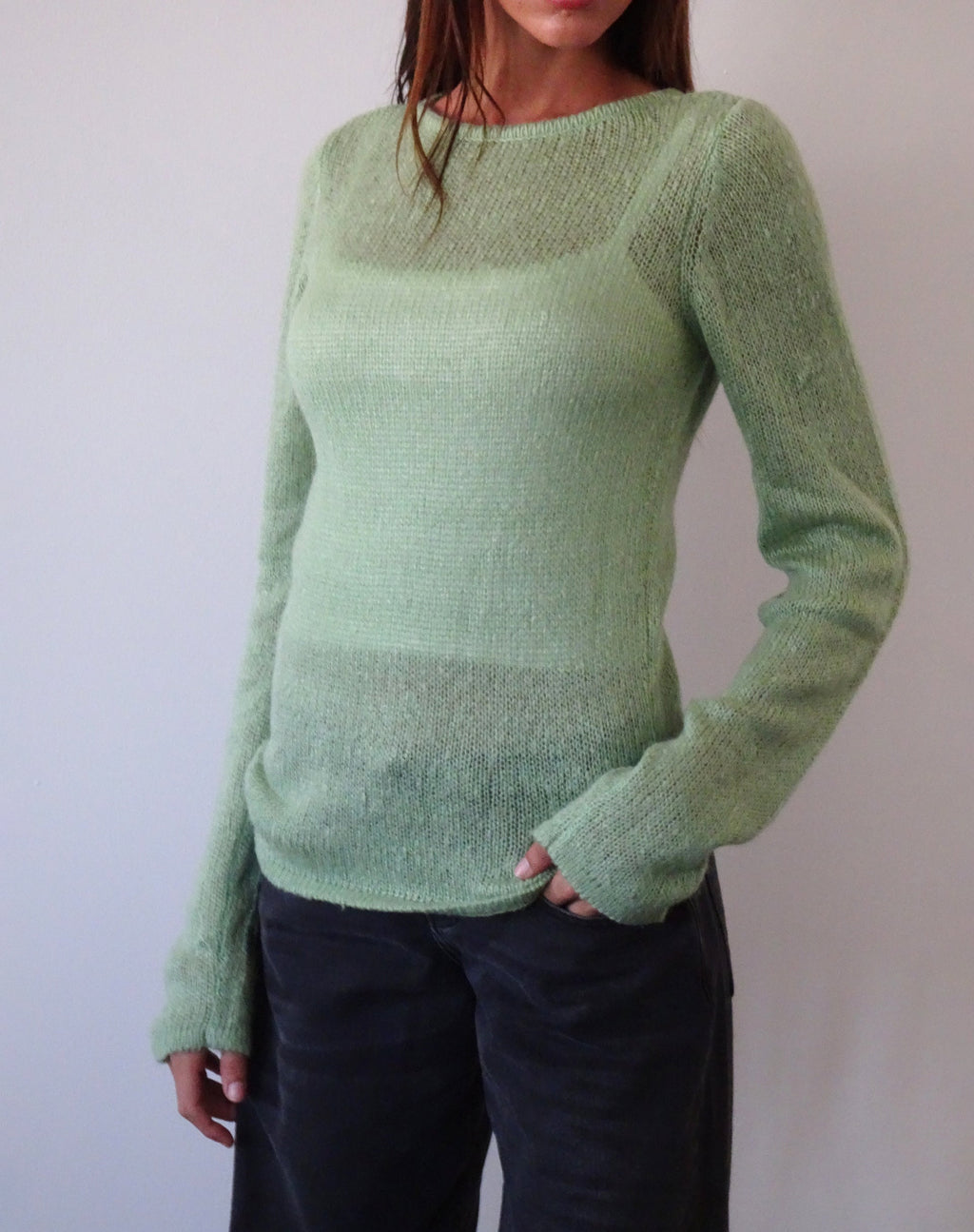 Sukana Sheer-Knit Top met lange mouwen in lichtgroen