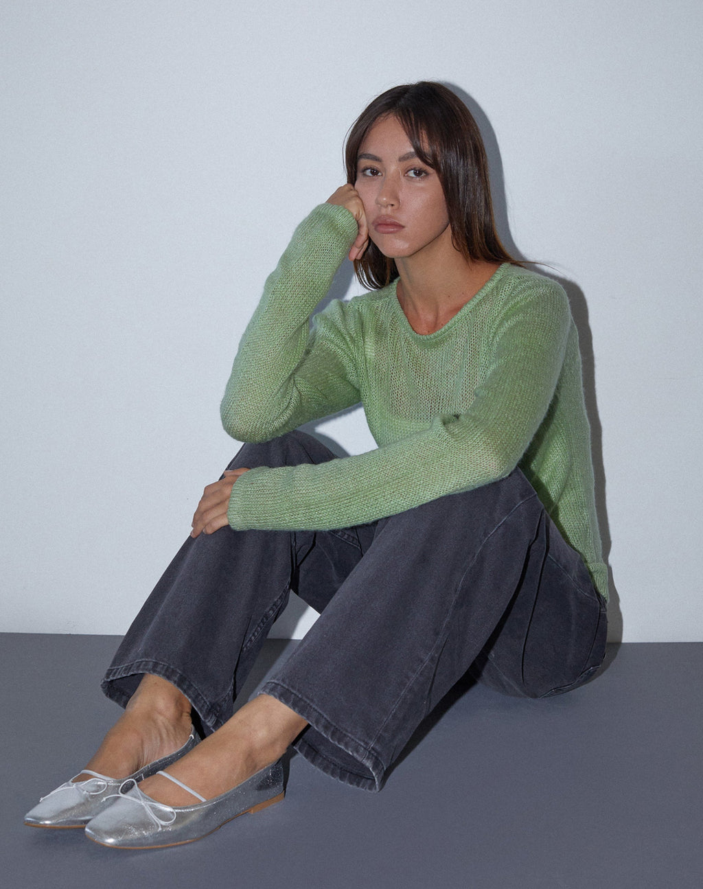 Sukana Sheer-Knit Top met lange mouwen in lichtgroen