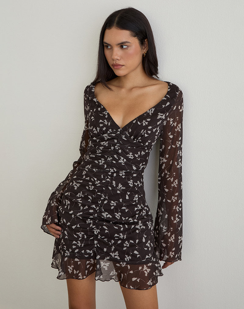 Afbeelding van Sumiko Mini Jurk in Bloem Chiffon Bruin