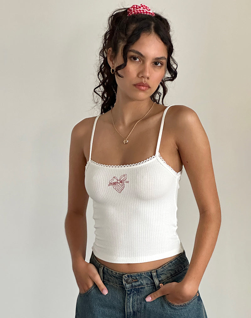 Suna Vest Top in Off White met aardbeien strikjesprint