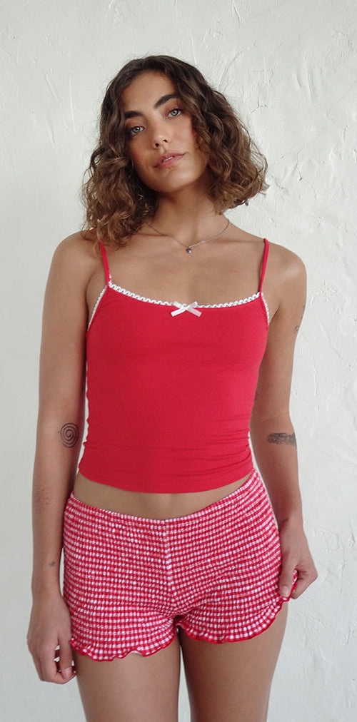 Afbeelding van Suna Vest Top in Tango Rood met Ivory Biezen