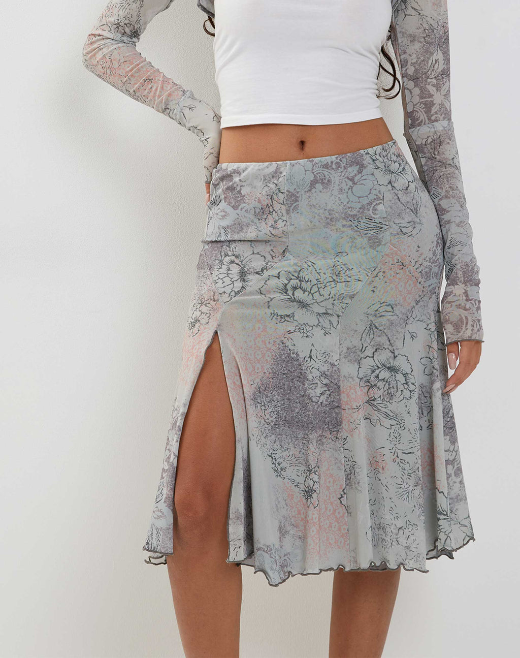 Sloane Midi-rok in Pastel Bloemig Kant