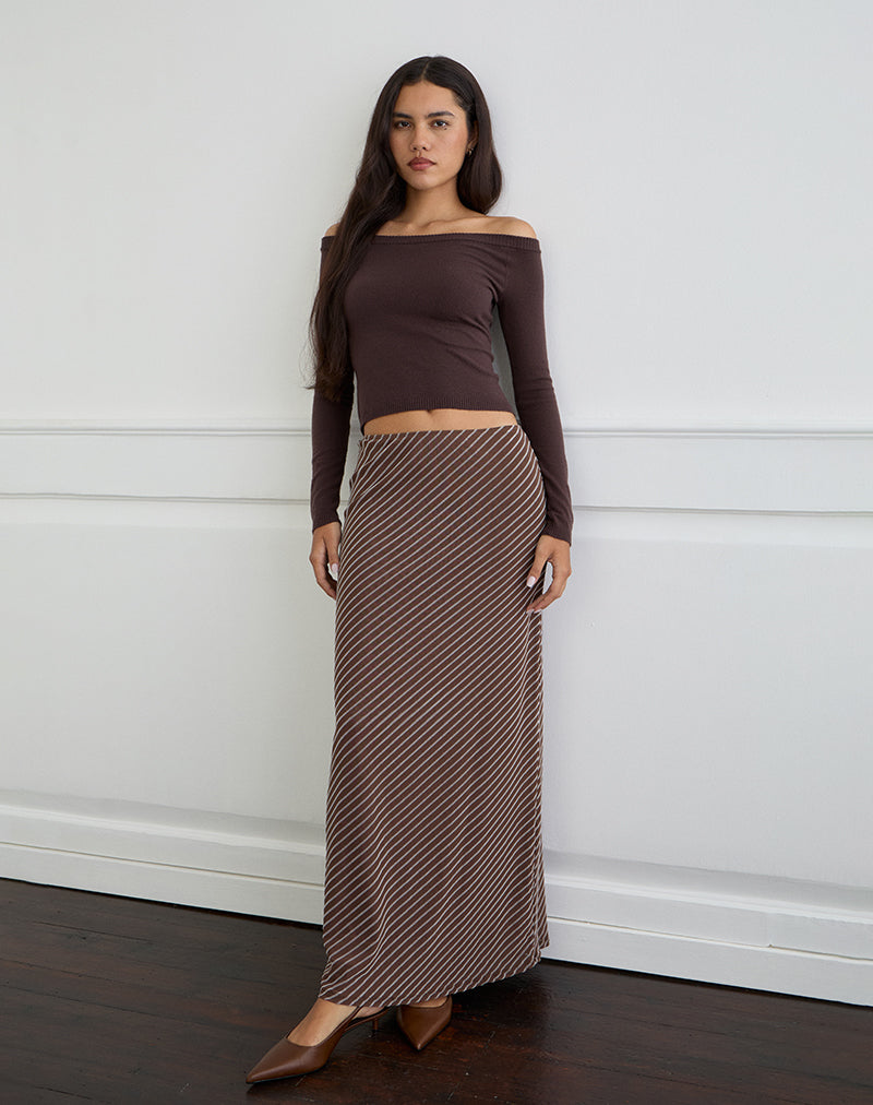 Afbeelding van Surina Maxi Rok in Diagonaal Gestreept Flock Bruin en Crème