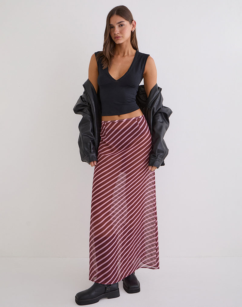 Surina Maxi Skirt in Tilted Stripe Chiffon Pink and Burgundy