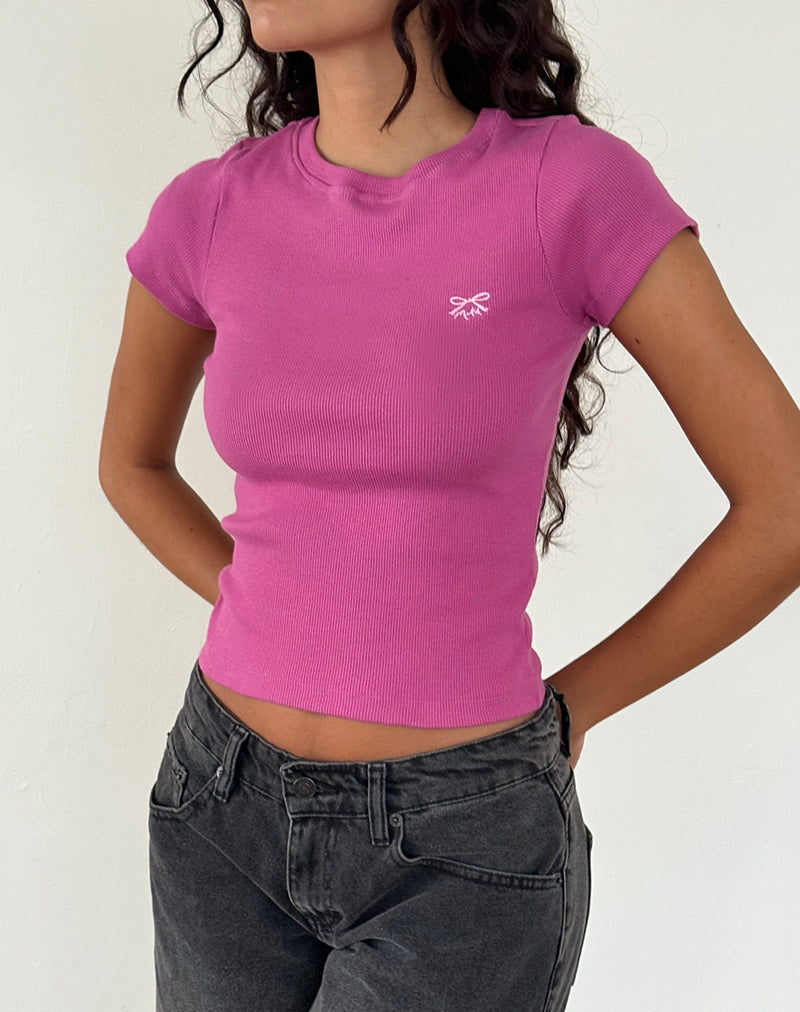Suti T-shirt in kasjmierroze met lichtroze strik M borduursel