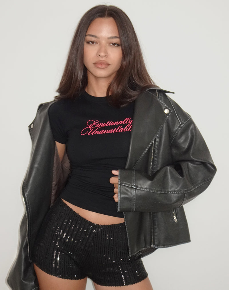 Afbeelding van Sutin T-shirt in zwart met Emotionally Unavailable-opdruk