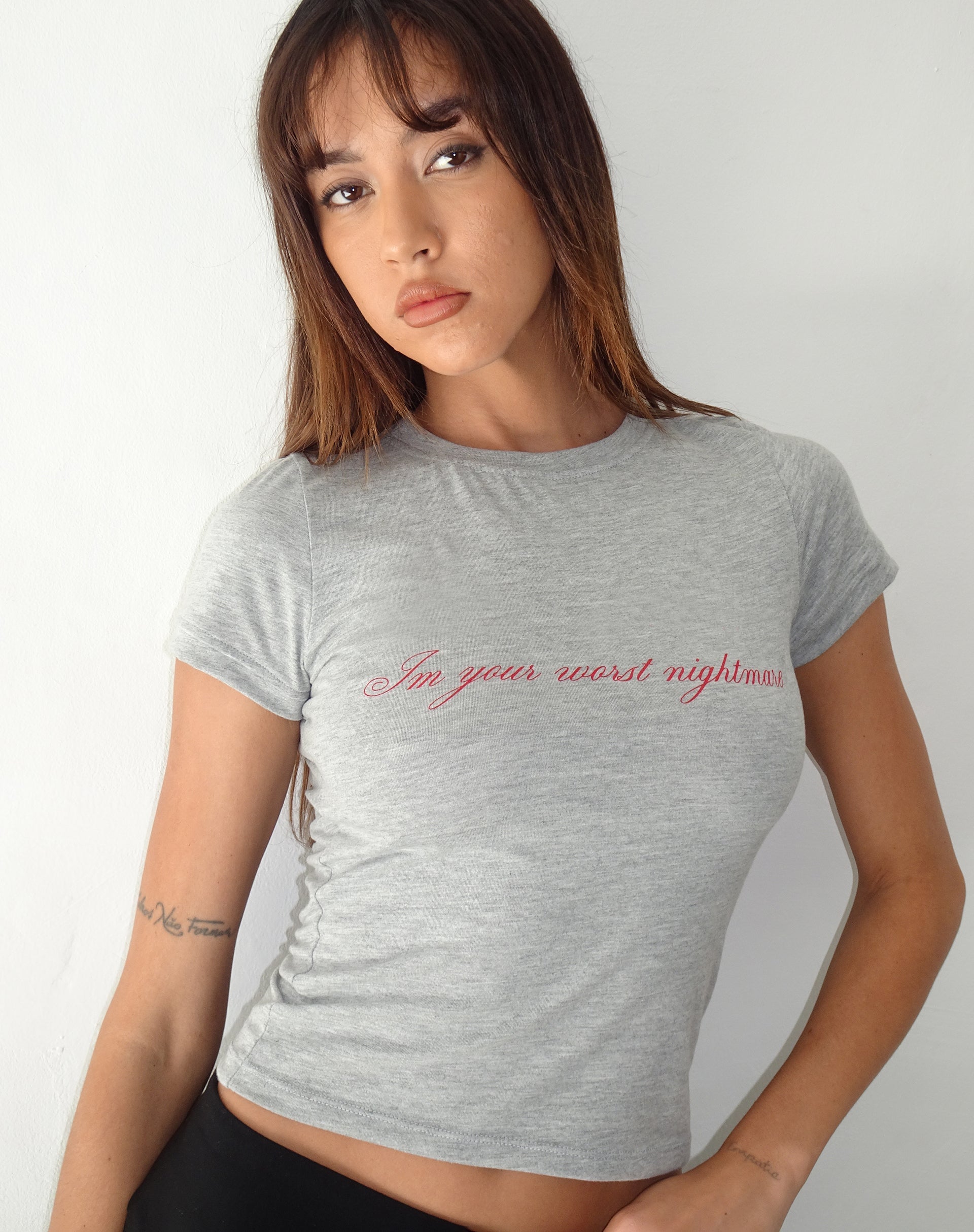 Afbeelding van Sutin T-shirt in grijs gemêleerd met Worst Nightmare-grafiek