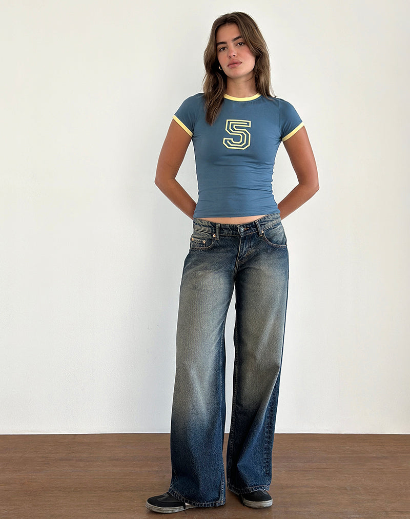 Afbeelding van Sutin T-shirt in Blauw met 5 Embleem en Gele Limonade Binding
