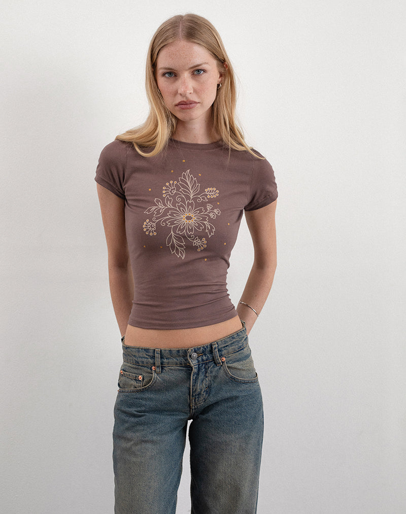 Afbeelding van Sutin T-shirt in Nootmuskaat Bloemig Pailletten