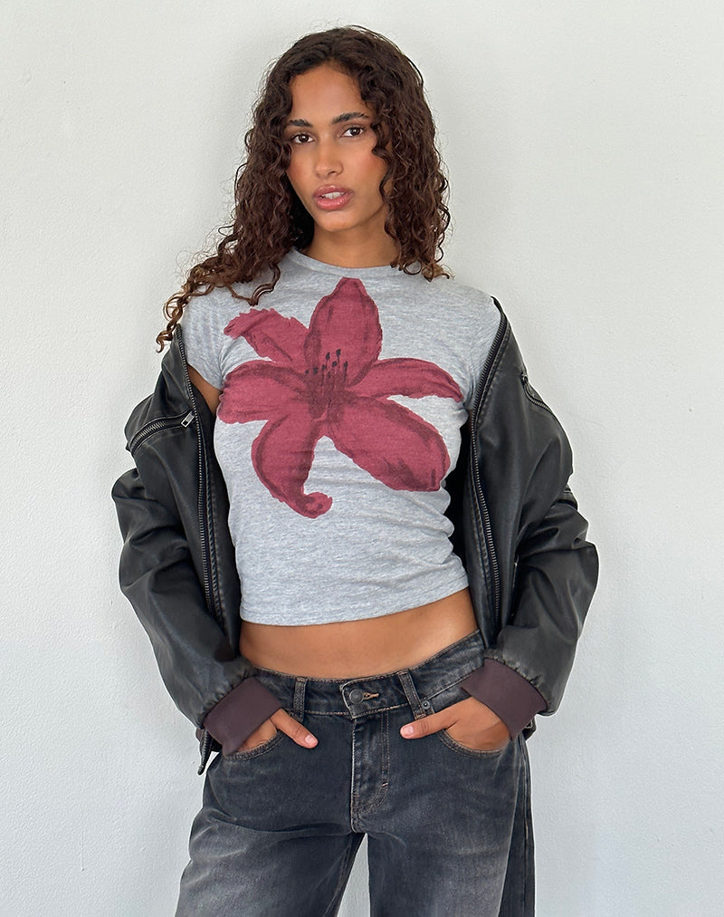 Sutin T-shirt in grijs gemêleerd, met geverfde bloemgrafiek