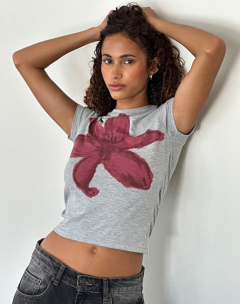 Afbeelding van Sutin T-shirt in grijs gemêleerd, met geverfde bloemgrafiek