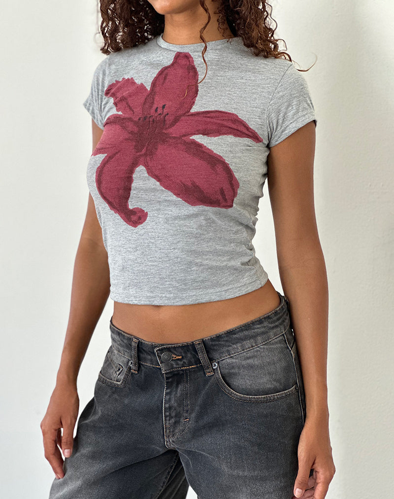 Sutin T-shirt in grijs gemêleerd, met geverfde bloemgrafiek