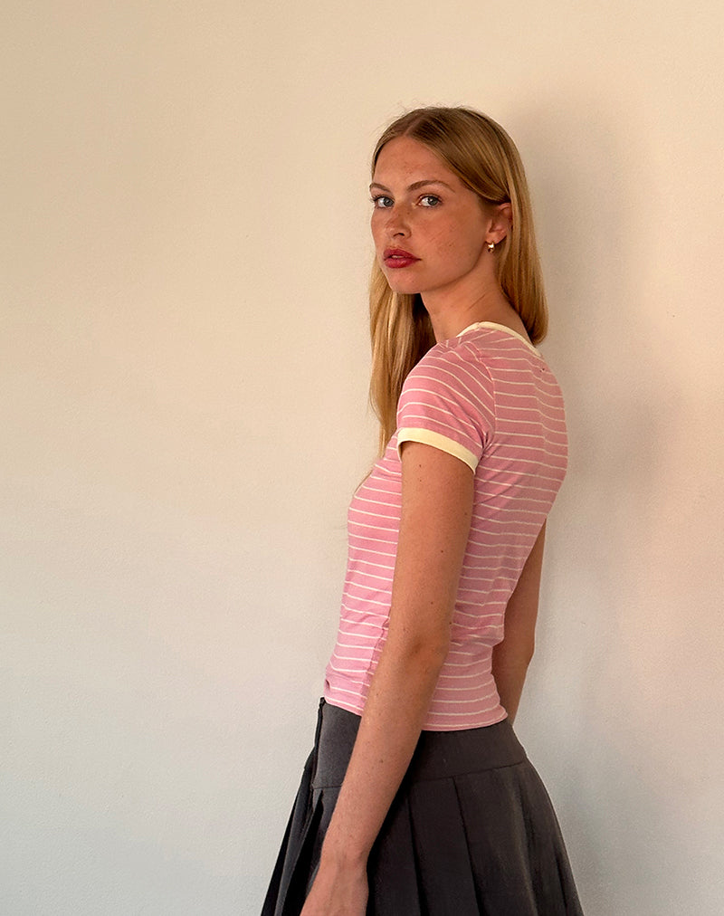 Afbeelding van Sutin Baby Tee in Roze Streep Combi Kersenborduurwerk
