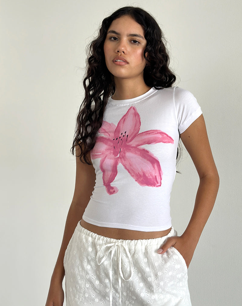 Afbeelding van Sutin T-shirt in wit met geverfde bloem roze