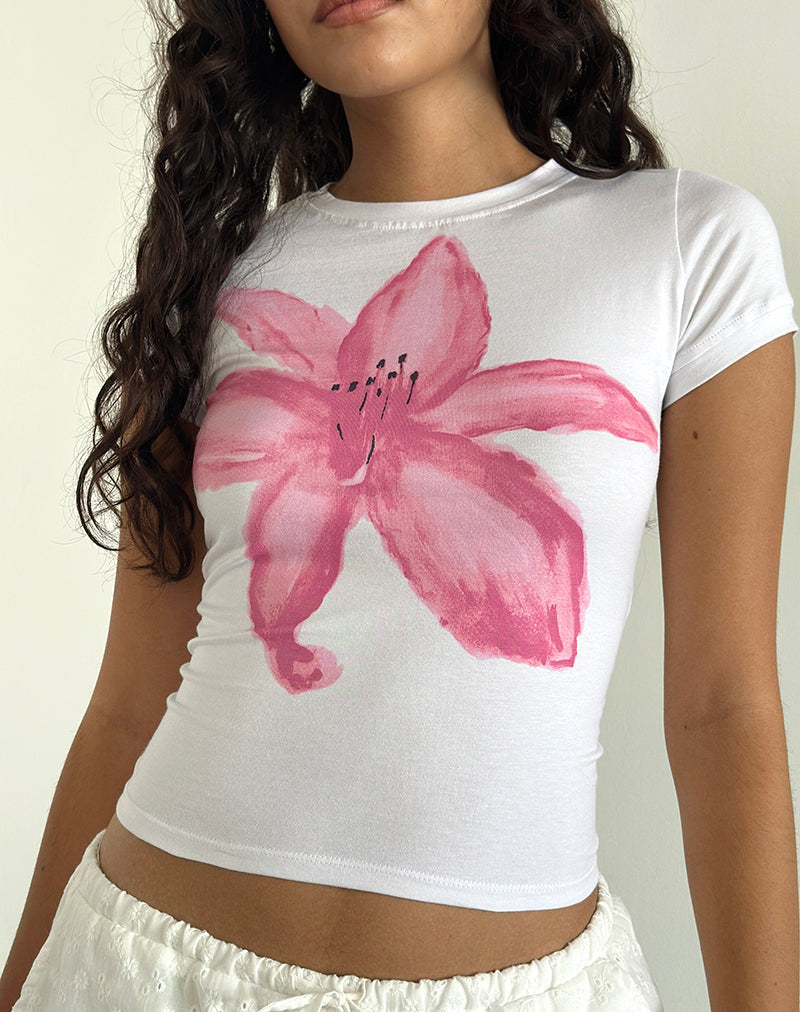 Afbeelding van Sutin T-shirt in wit met geverfde bloem roze