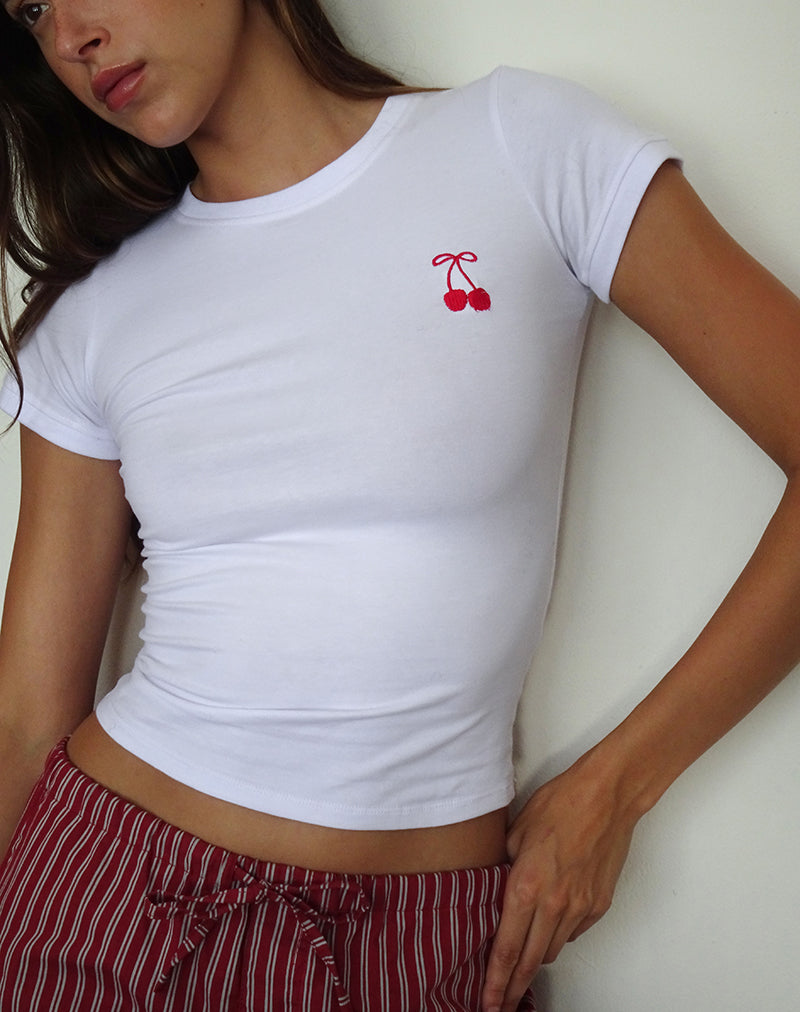 Afbeelding van Sutin T-shirt in wit met rood kersenborduursel