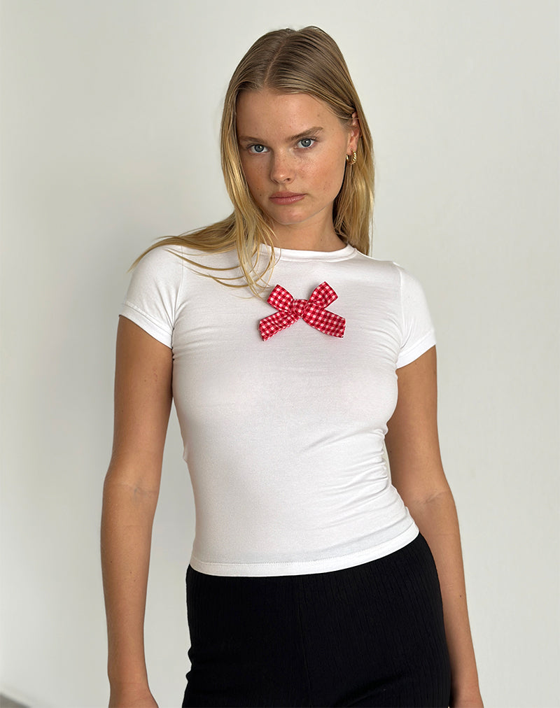 Afbeelding van Sutin T-shirt in wit met rode geruite strik