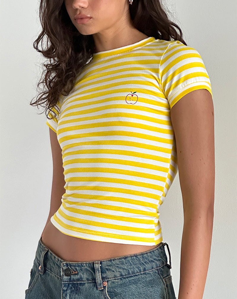 Afbeelding van Sutin T-shirt in geel met appelprint in witte streep