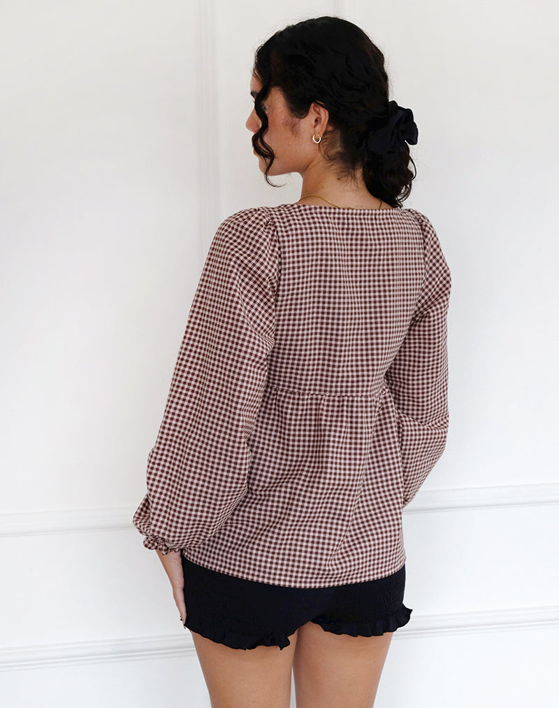 Afbeelding van Suzumi Wrap Blouse in Mini Gingham Bruin